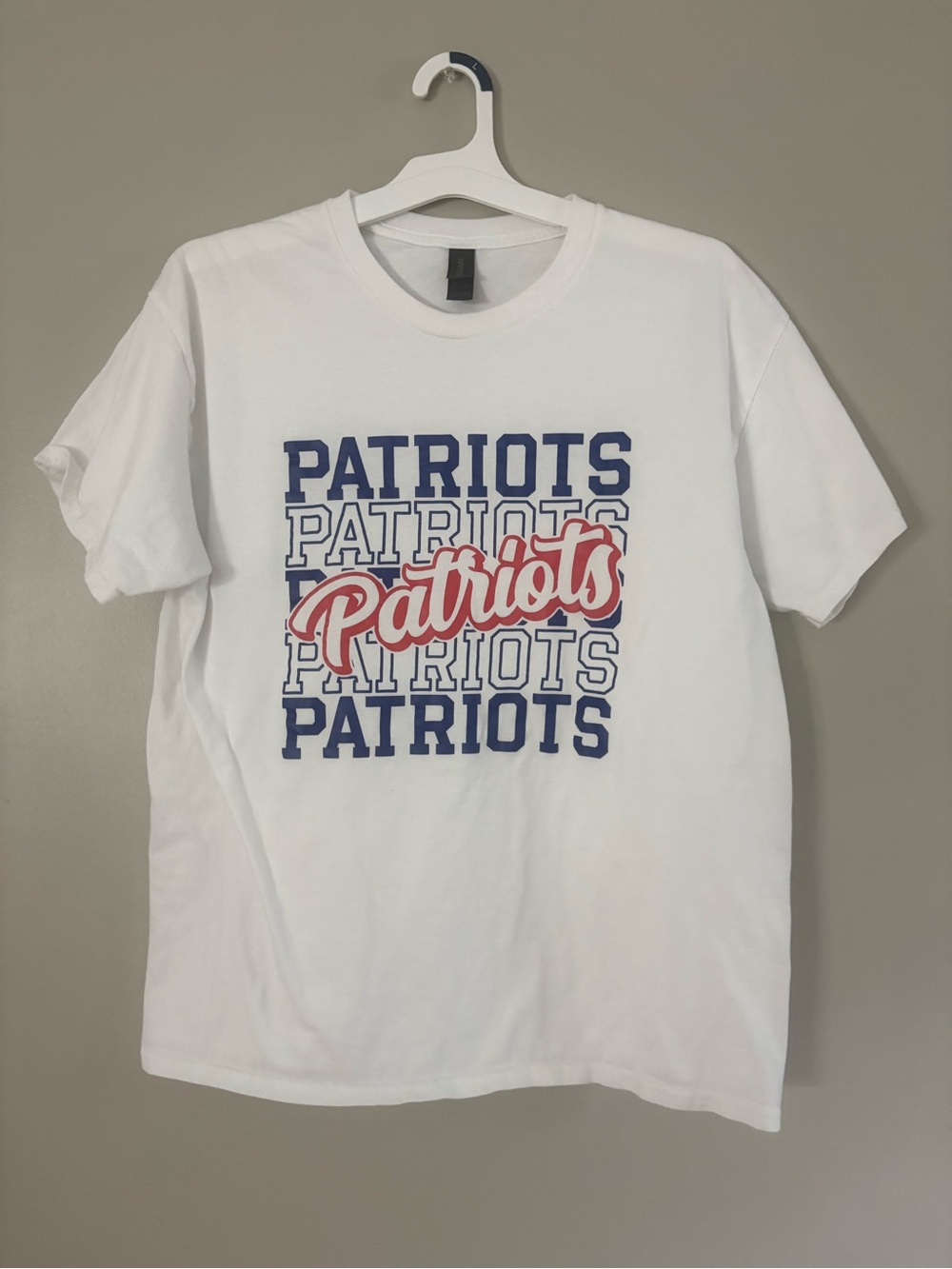 New England Patriots Gildan White  Tee with Navy & Red Patriots Script